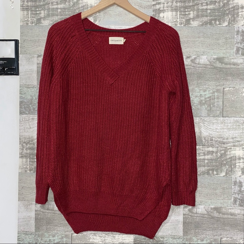 Dreamers Knit Ruby Wine Red V Neck Oversized Ladies Womens Sweater SMALL
